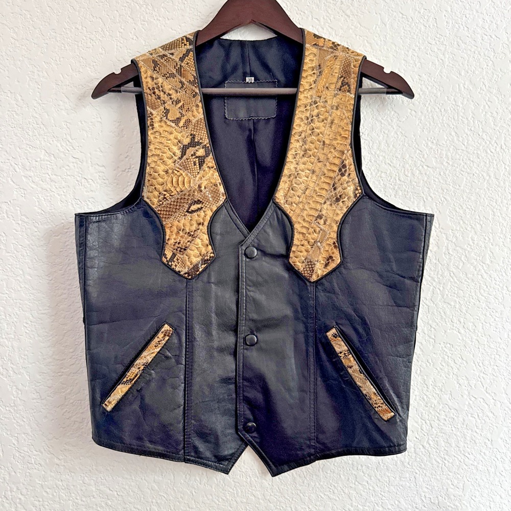 Vintage Black Leather Western Vest with Python Snakeskin Yoke Size 38 S/M Biker